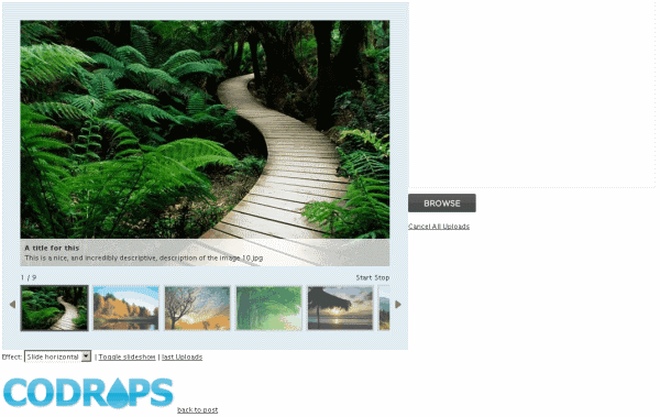 image gallery script jquery. Here's a jQuery Image Gallery script with a multi file Uploader, 